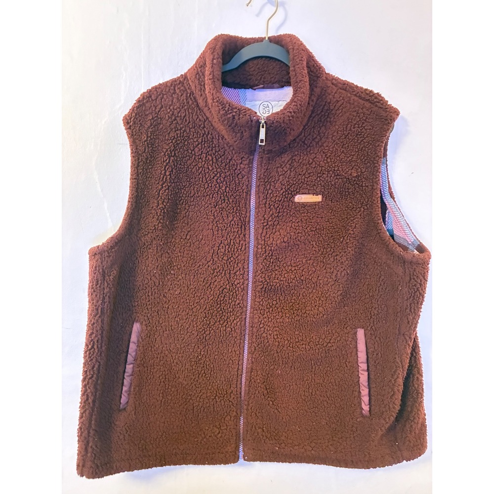 Sage Collective Brown Sherpa Fleece Vest Plaid Lined Full Zip XXL